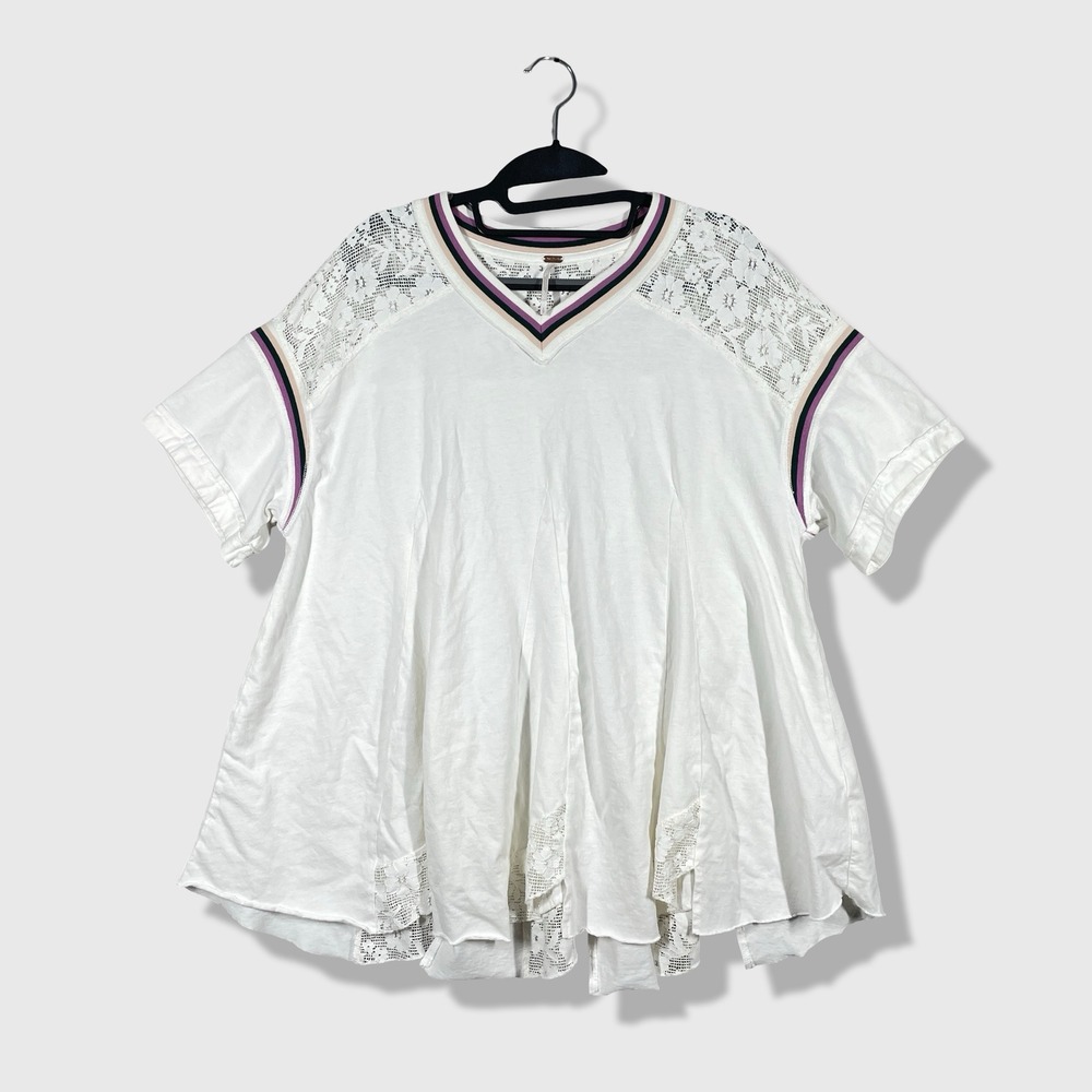 Free People Lace Inset Babydoll Top Womens Small White Boho Cottagecore Tennis